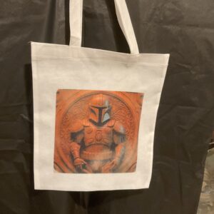 A bag with an image of a person in the middle.