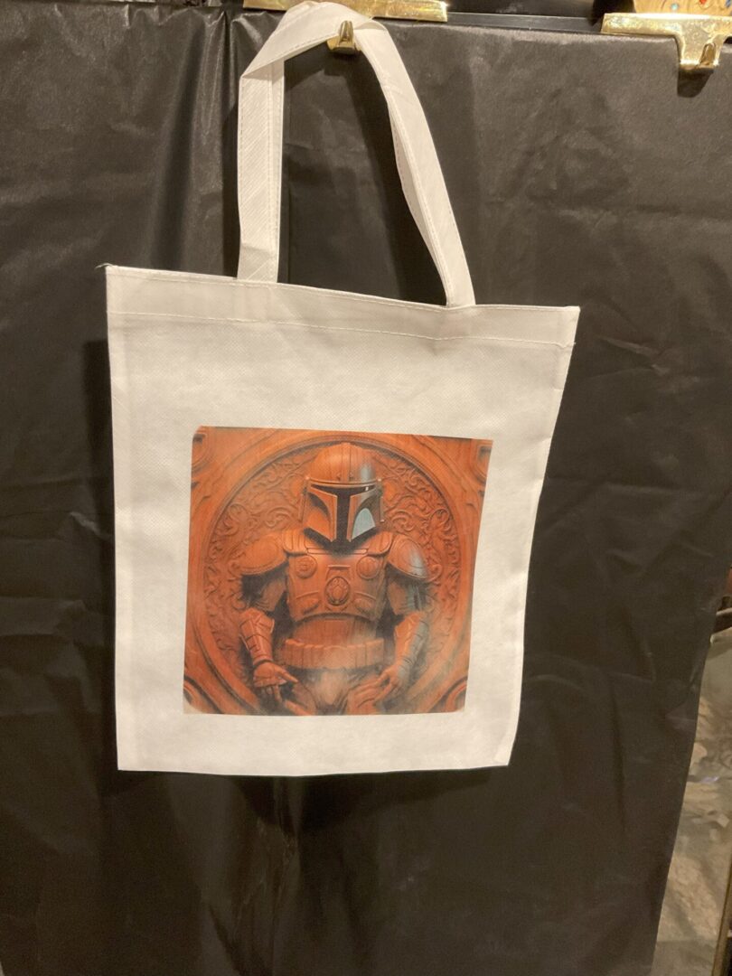 A bag with an image of a person in the middle.
