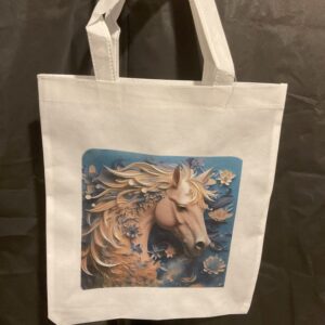 A white bag with a picture of a horse on it.