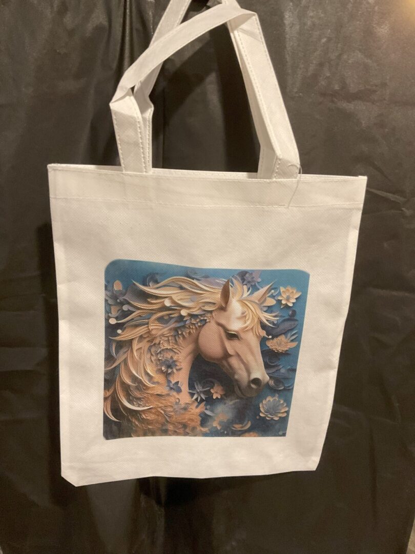 A white bag with a picture of a horse on it.