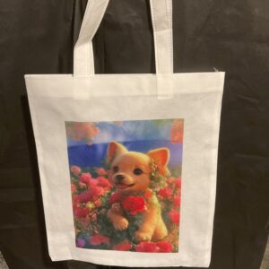 A white bag with a picture of a dog on it.