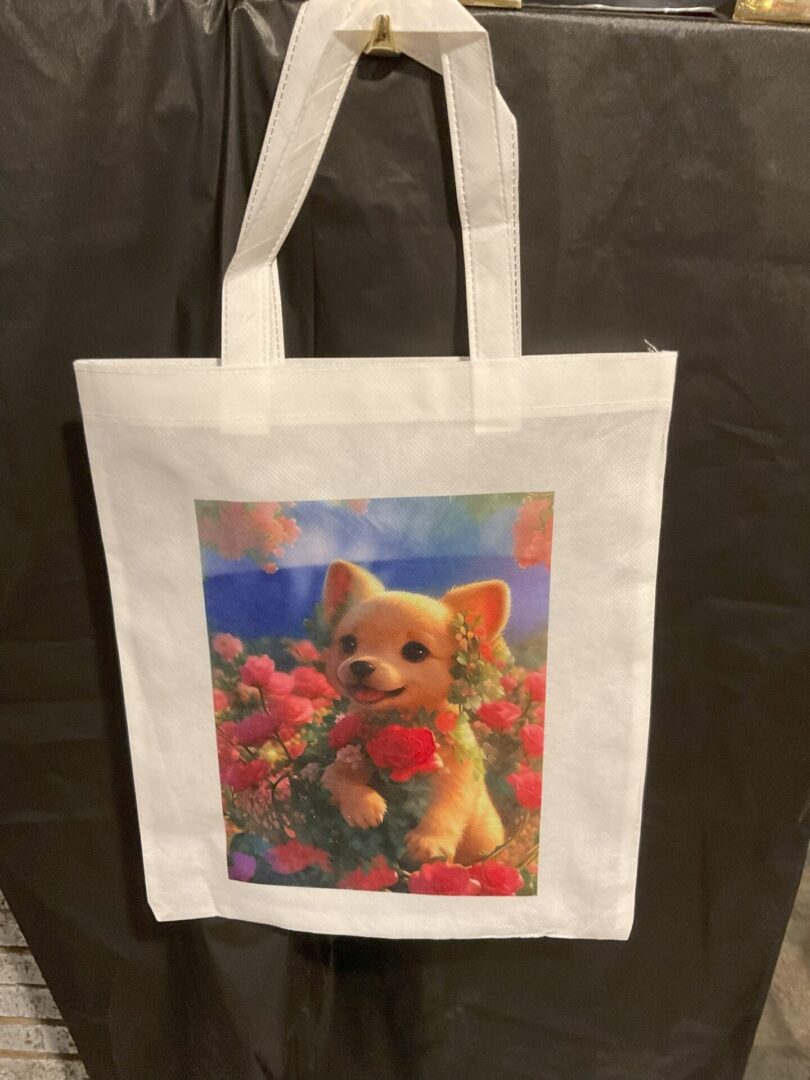 A white bag with a picture of a dog on it.