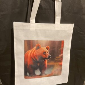 A bear is shown on the front of a bag.