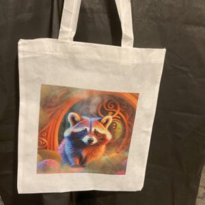 A white bag with an image of a cat on it.