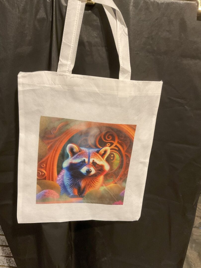 A white bag with an image of a cat on it.