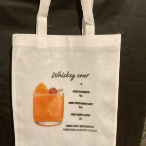 A bag with an image of a drink on it.