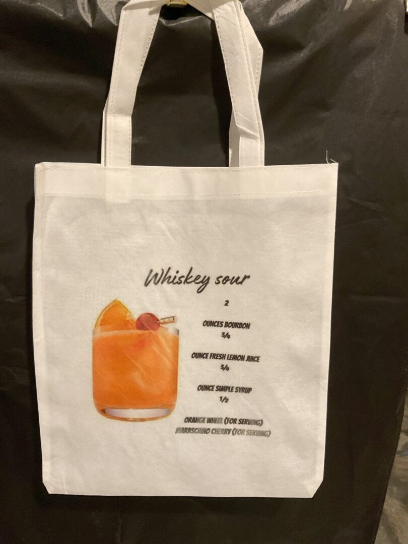 A bag with an image of a drink on it.