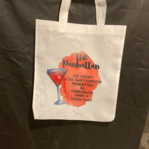 A bag with a picture of a drink on it.