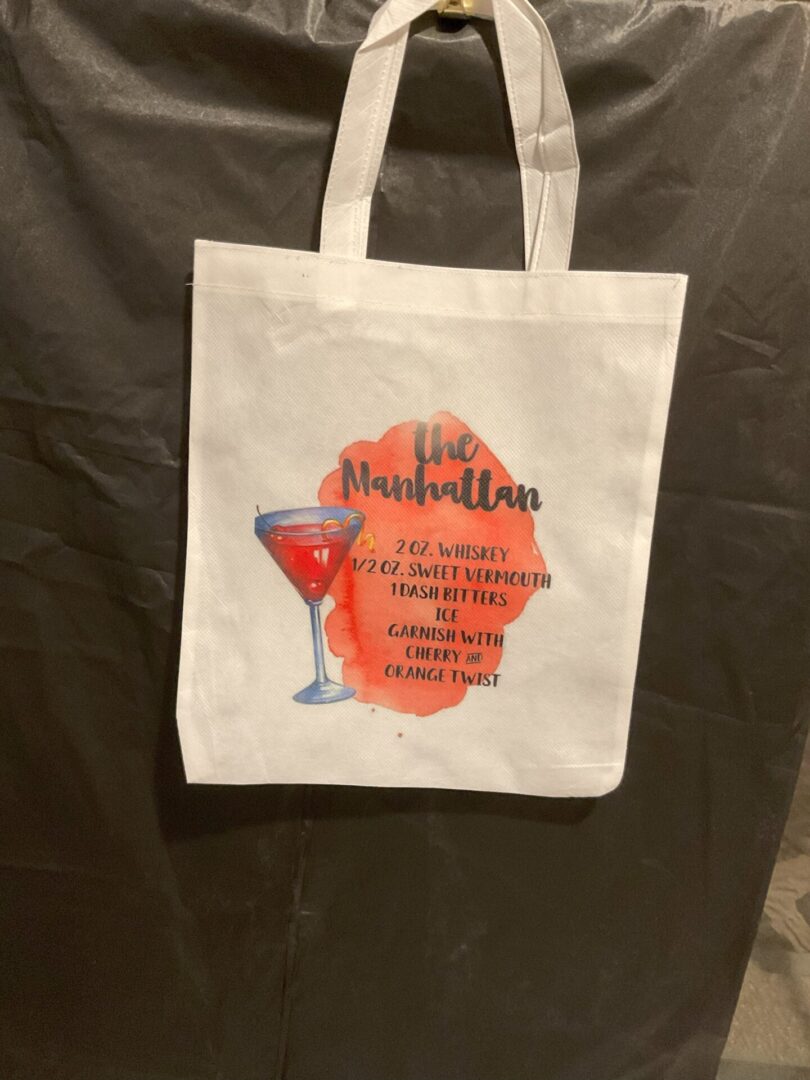 A bag with a picture of a drink on it.