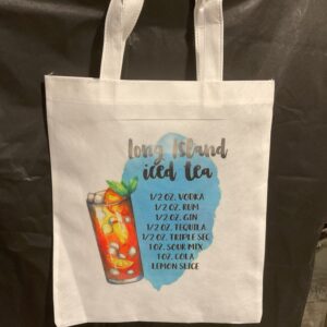 A white bag with a drink and ice tea on it.