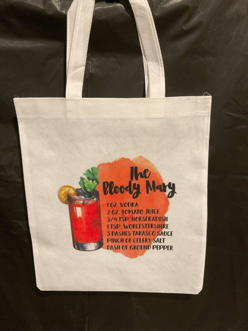 A white bag with a bloody mary recipe on it.